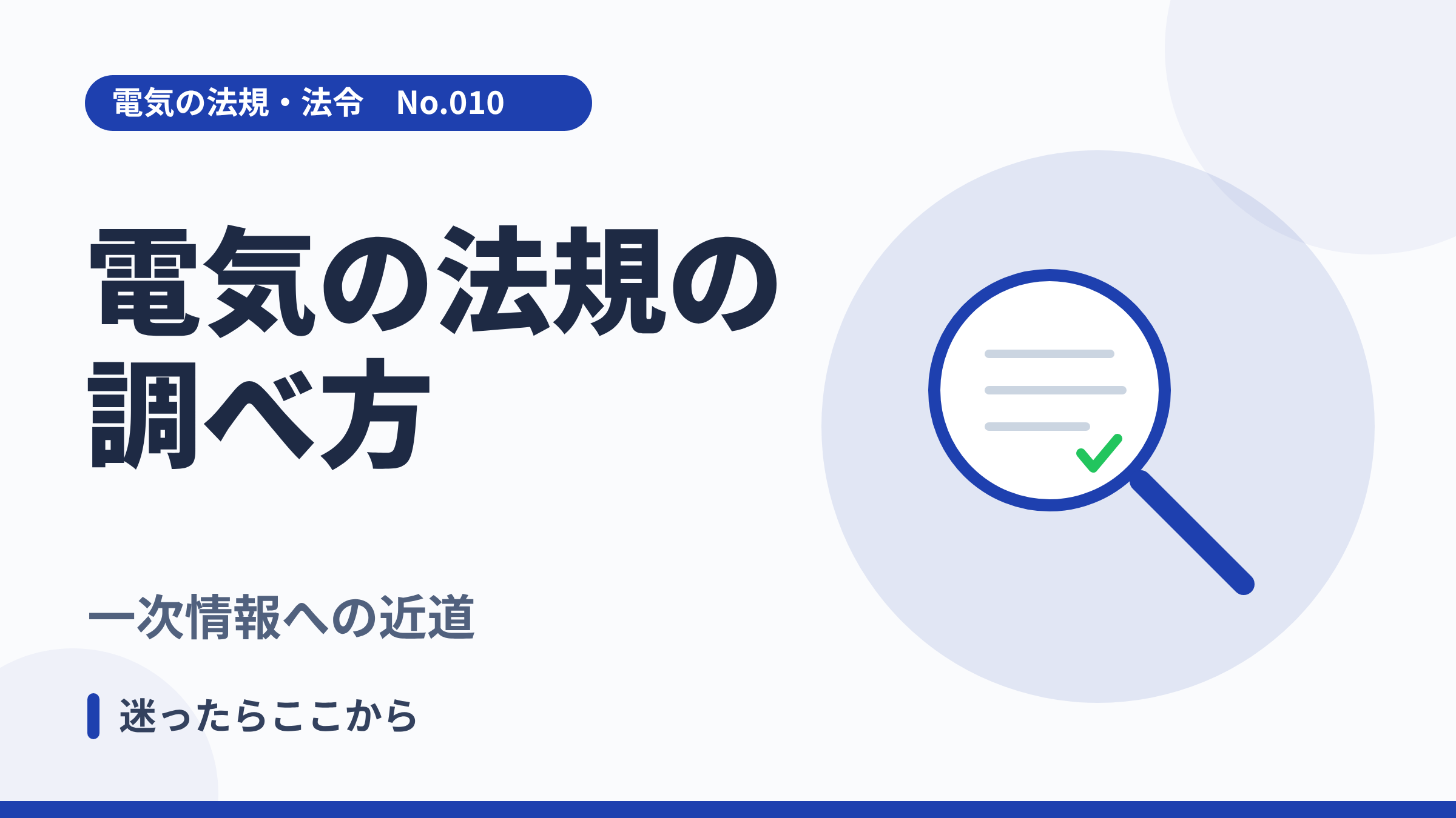 電気の法規・法令No.010「電気の法規の調べ方」のサムネイル。虫めがねと法令書のイラスト。