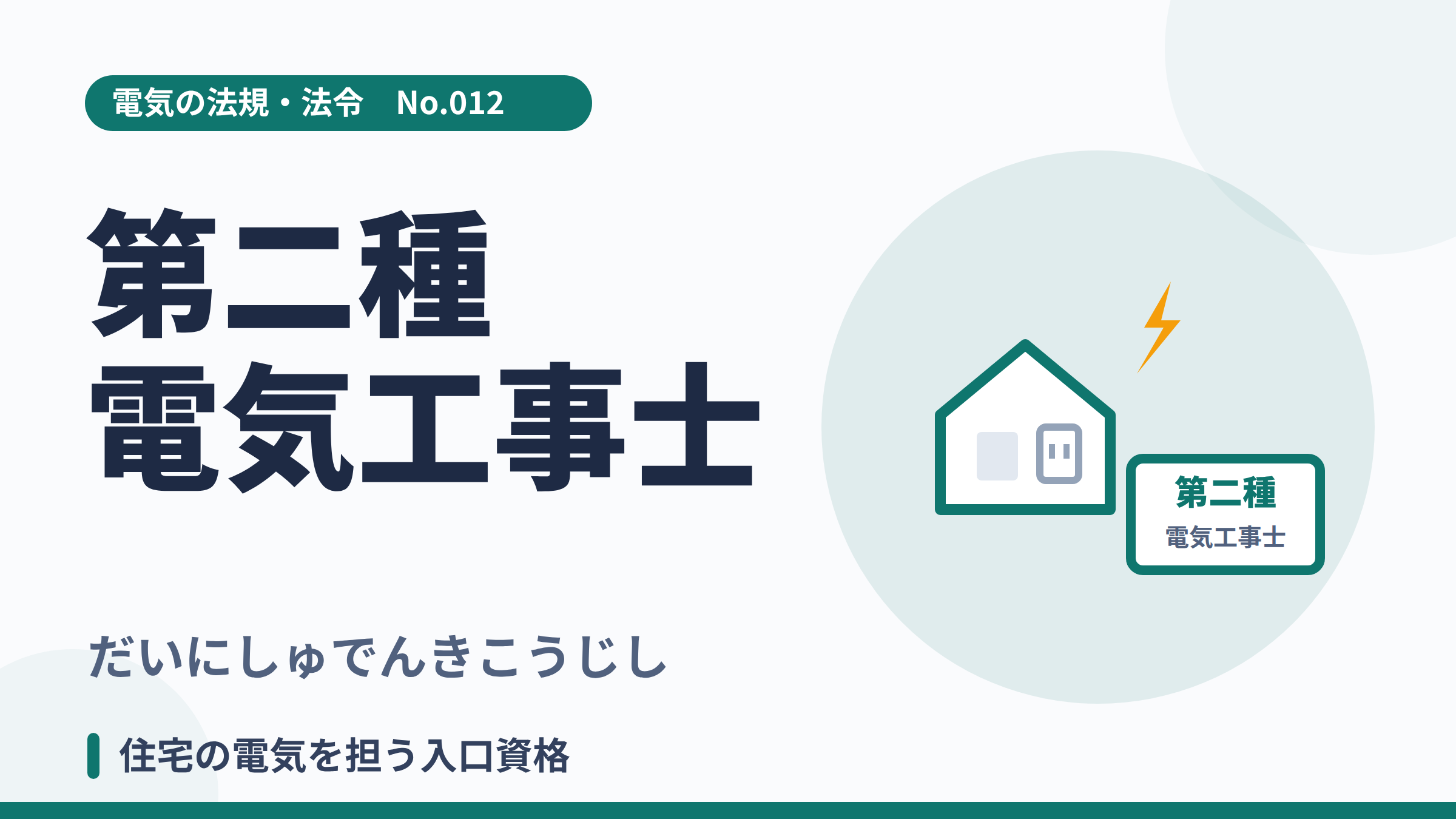 電気の法規・法令No.012「第二種電気工事士の範囲」のサムネイル。住宅と資格証のイラスト。