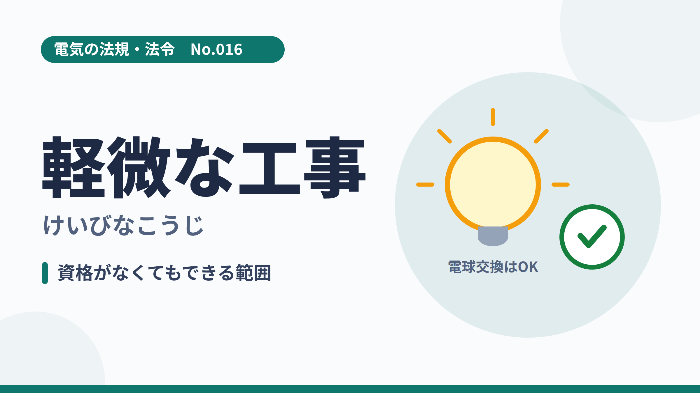 電気の法規・法令No.016「軽微な工事」のサムネイル。電球交換のイラスト。