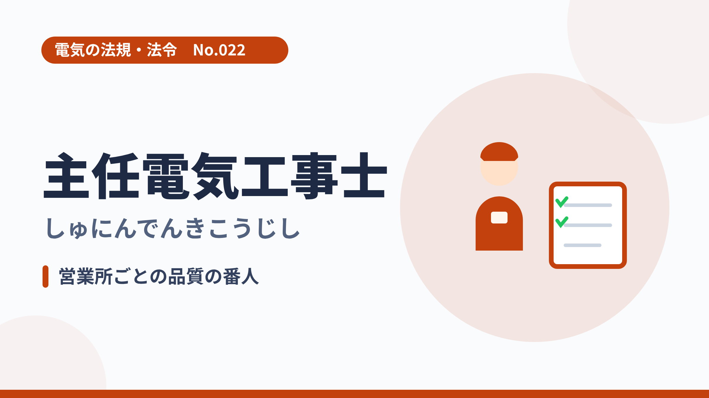 電気の法規・法令No.022「主任電気工事士」のサムネイル。責任者とチェックリストのイラスト。