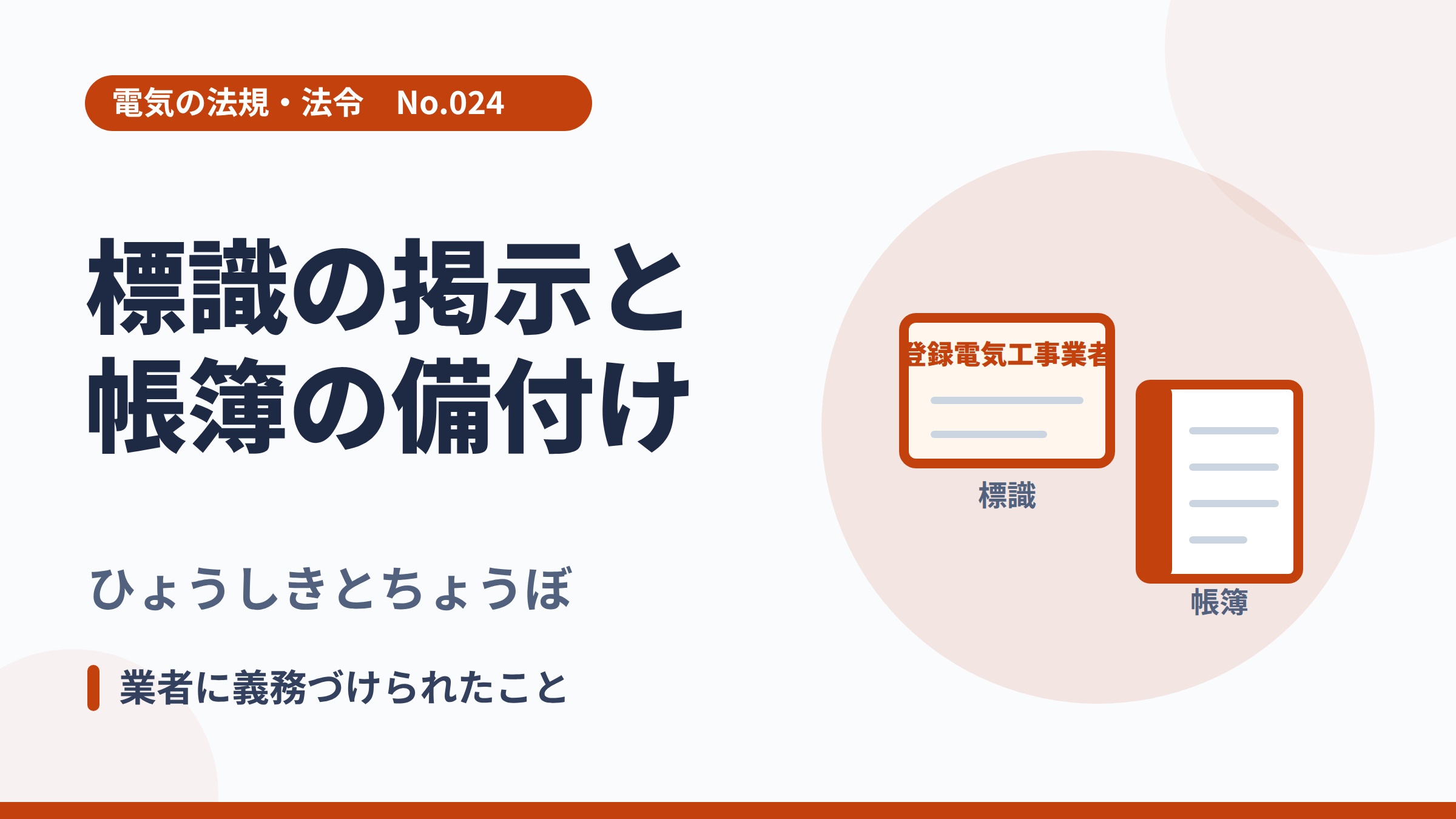 電気の法規・法令No.024「標識の掲示と帳簿の備付け」のサムネイル。標識と帳簿のイラスト。