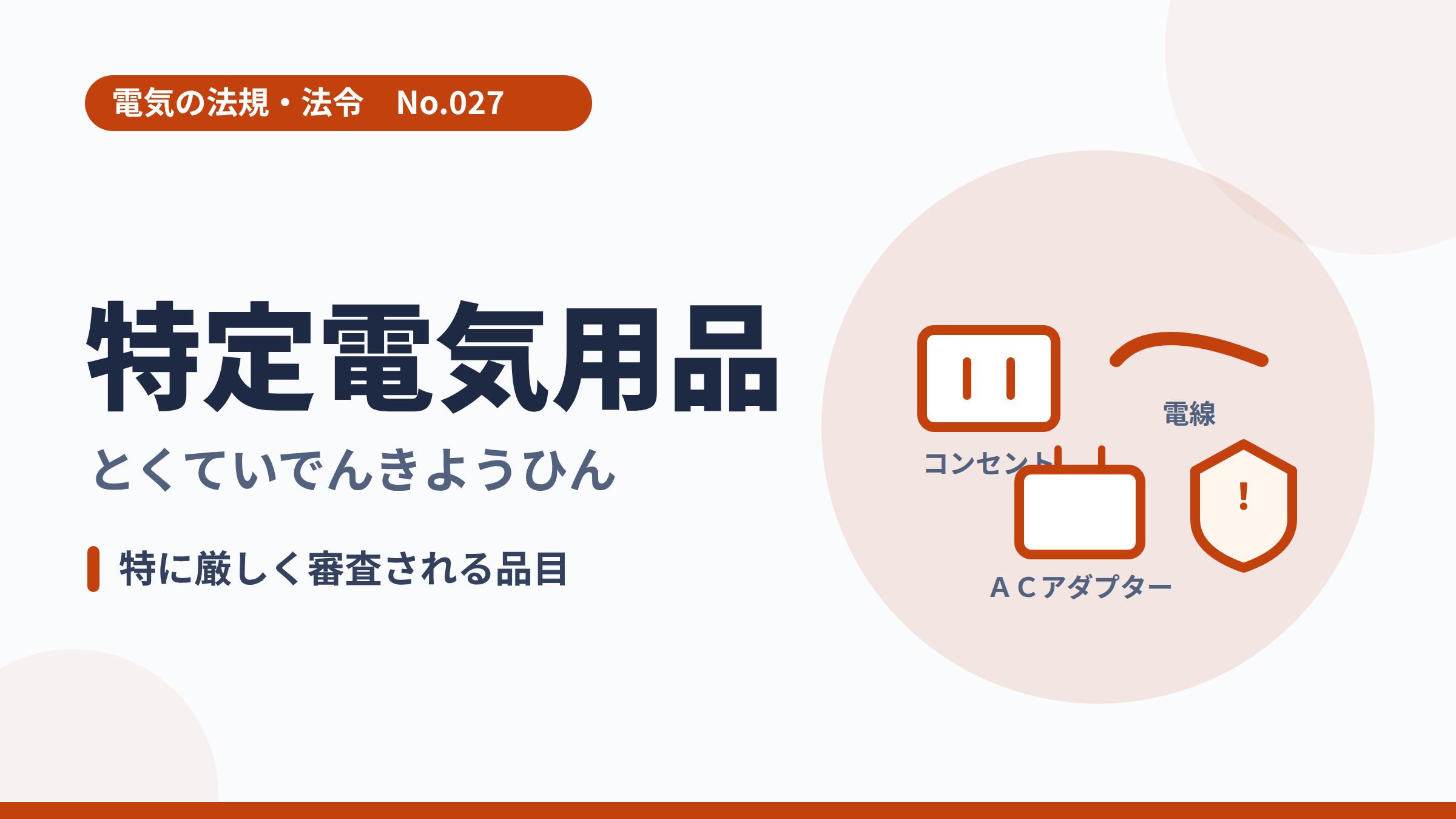 電気の法規・法令No.027「特定電気用品」のサムネイル。コンセント・電線・ACアダプターのイラスト。
