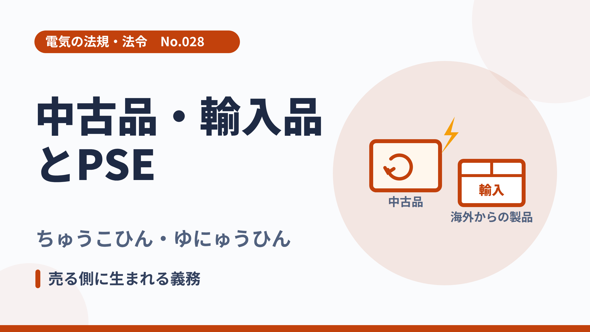 電気の法規・法令No.028「中古品・輸入品とPSE」のサムネイル。中古品と輸入品のイラスト。