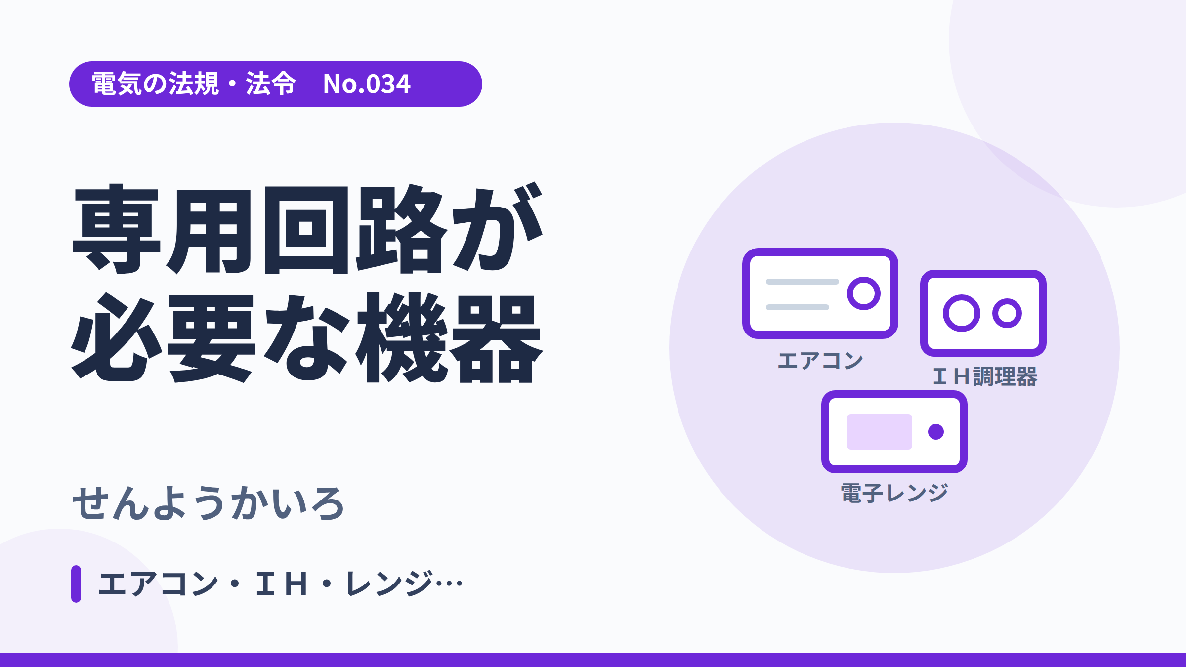 電気の法規・法令No.034「専用回路が必要な機器」のサムネイル。エアコン・IH・電子レンジのイラスト。