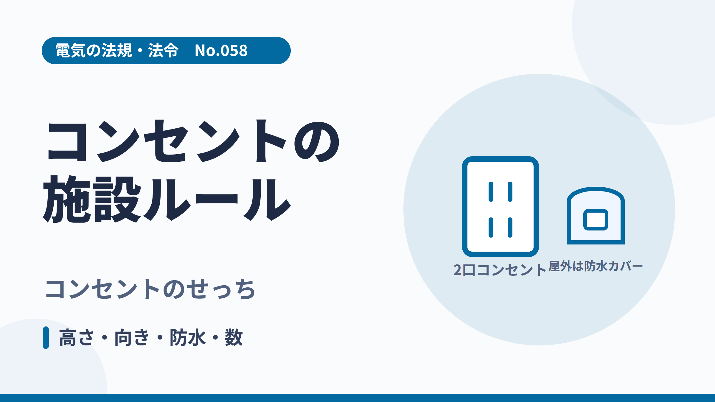 電気の法規・法令No.058「コンセントの施設ルール」のサムネイル。コンセントと防水カバーのイラスト。