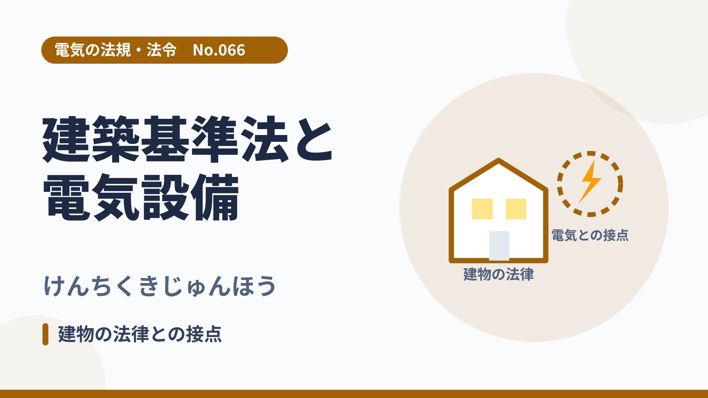 電気の法規・法令No.066「建築基準法と電気設備」のサムネイル。建物と電気の接点のイラスト。