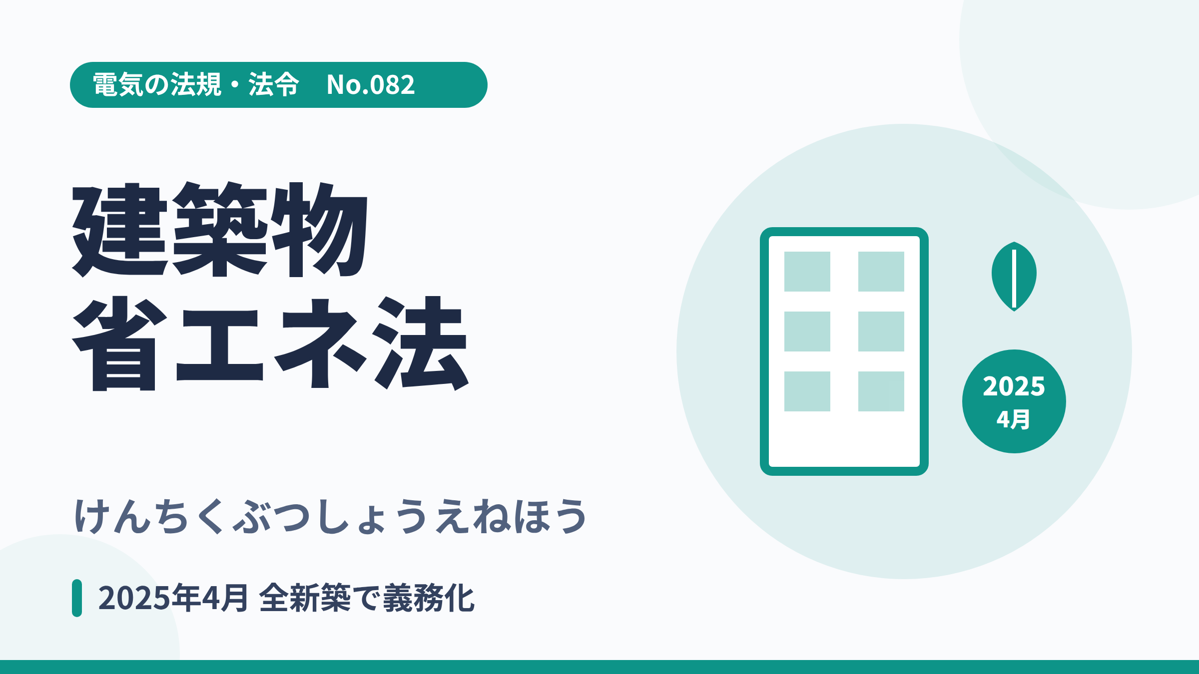 電気の法規・法令No.082「建築物省エネ法」のサムネイル。建物と葉と2025年4月のイラスト。