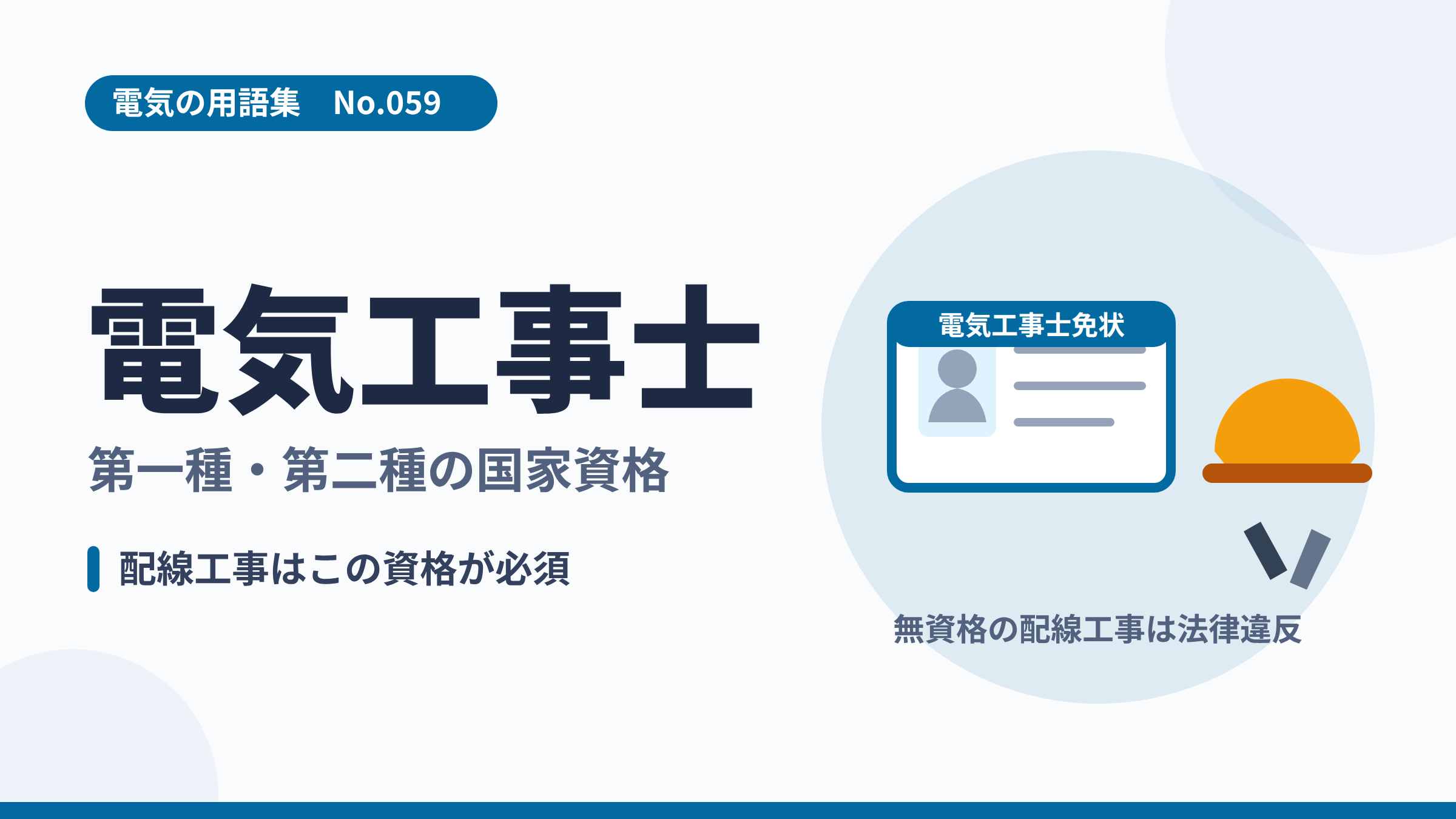 電気の用語集No.059「電気工事士」のサムネイル。免状とヘルメット、工具のイラスト。