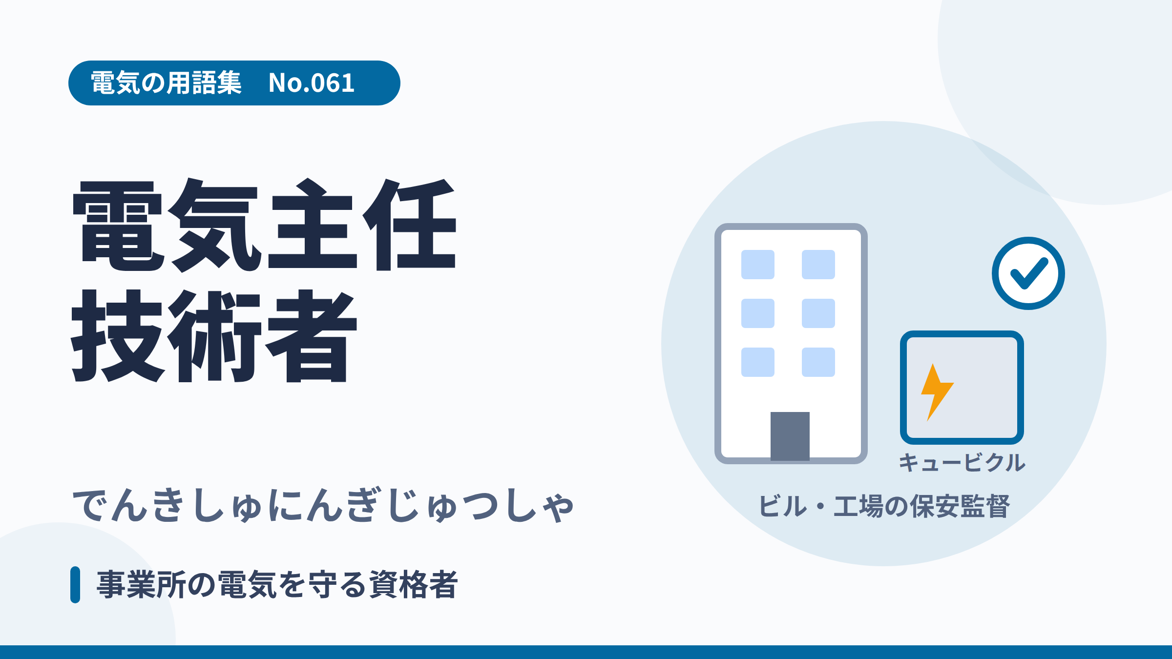 電気の用語集No.061「電気主任技術者」のサムネイル。ビルとキュービクル、点検チェックのイラスト。